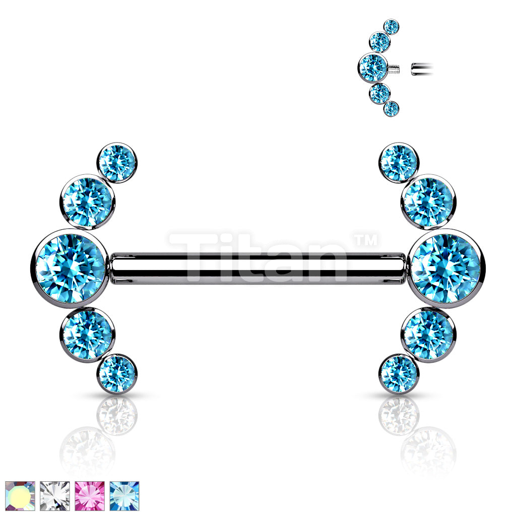 Implant Grade Titanium Internally Threaded Nipple Barbell With 5 Bezel Set CZ Curved Line Ends - Image 2