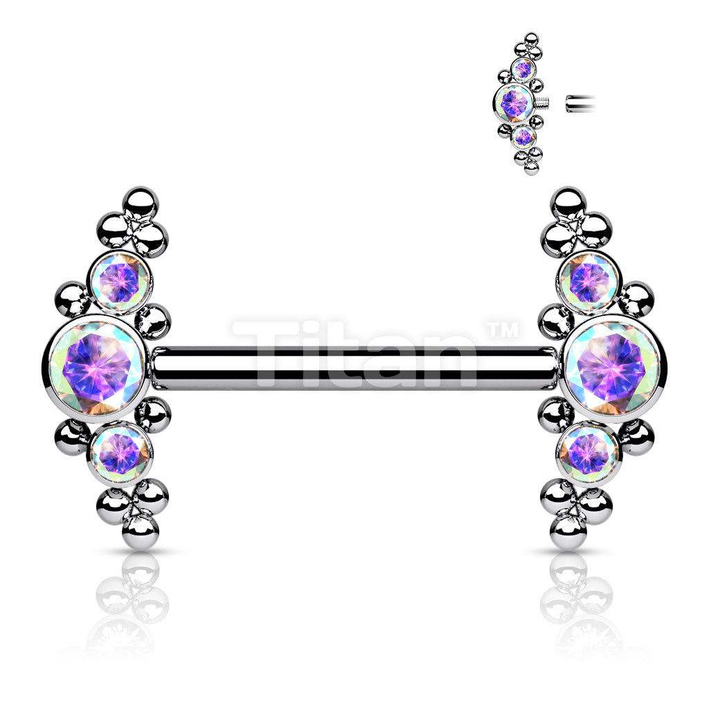 Implant Grade Titanium Internally Threaded Nipple Barbell With Bezel Set CZ and Micro Ball Clusters - Image 3