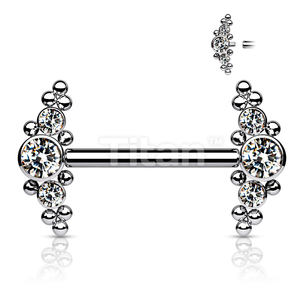 Implant Grade Titanium Internally Threaded Nipple Barbell With Bezel Set CZ and Micro Ball Clusters - Image 4