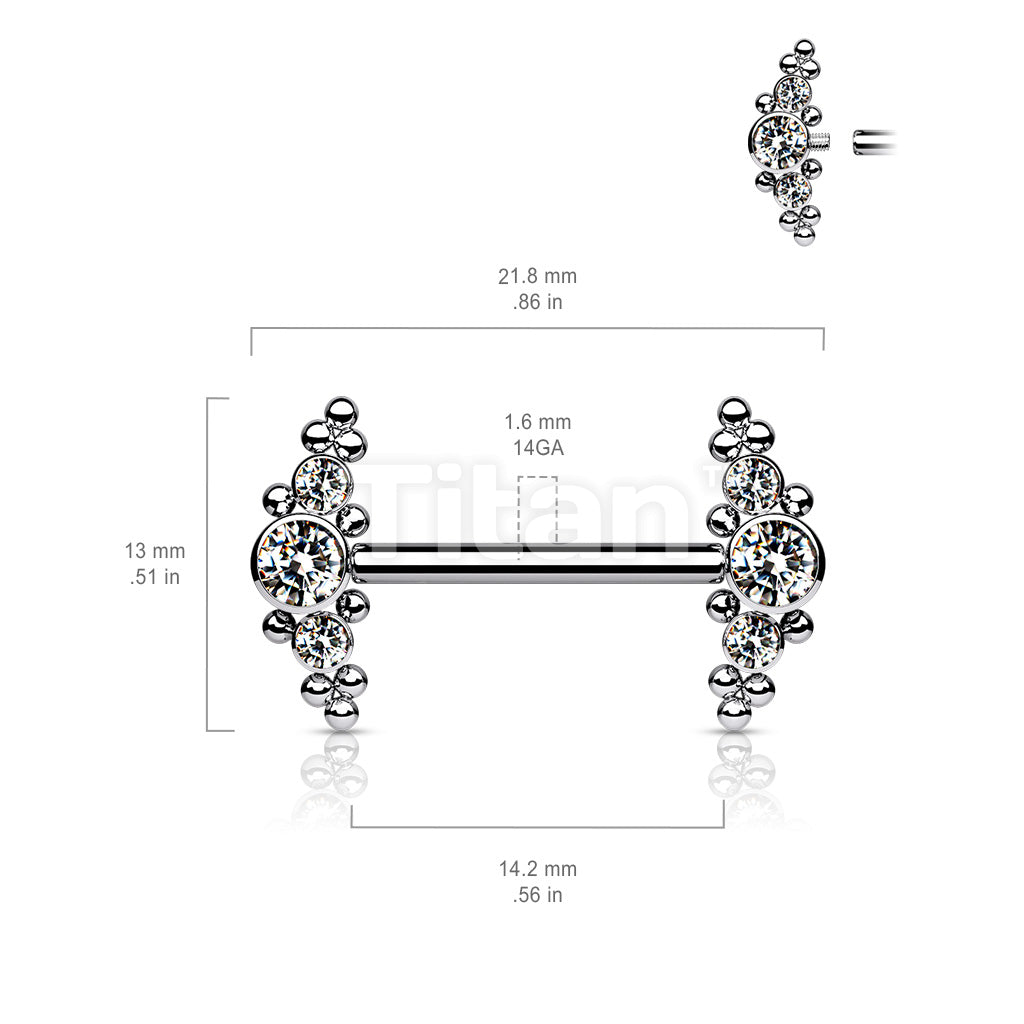 Implant Grade Titanium Internally Threaded Nipple Barbell With Bezel Set CZ and Micro Ball Clusters - Image 6