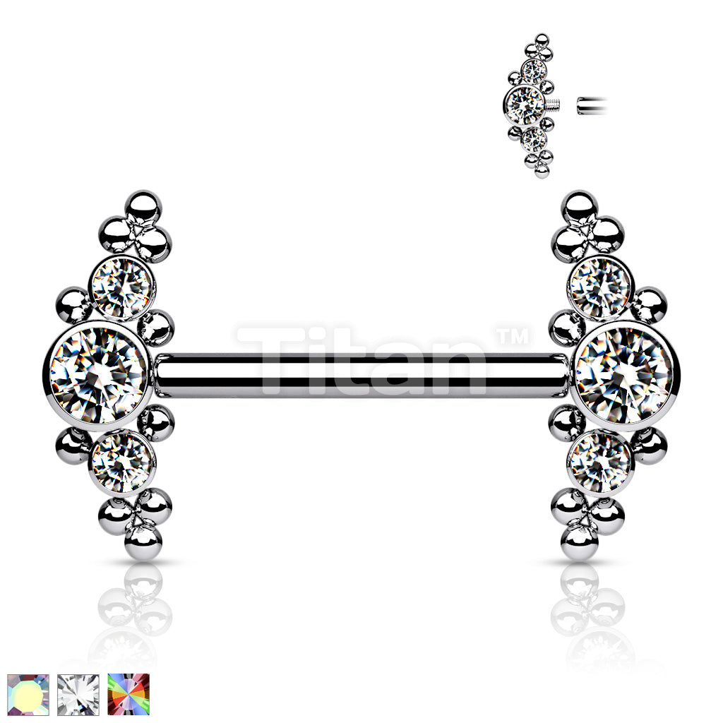 Implant Grade Titanium Internally Threaded Nipple Barbell With Bezel Set CZ and Micro Ball Clusters - Image 2