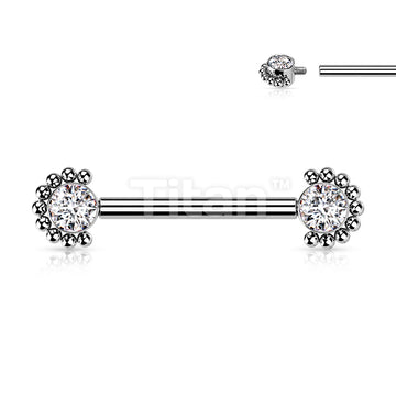 Implant Grade Titanium Internally Threaded Nipple Barbell With Bezel Set CZ Center and Beaded Edge Ends - Image 4