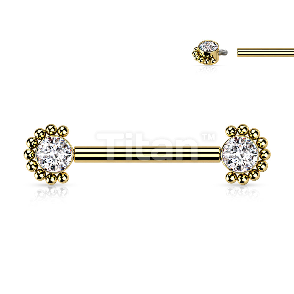Implant Grade Titanium Internally Threaded Nipple Barbell With Bezel Set CZ Center and Beaded Edge Ends - Image 5