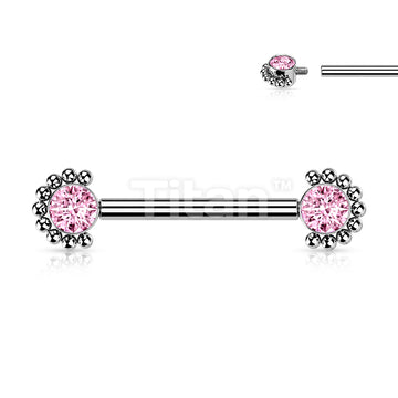Implant Grade Titanium Internally Threaded Nipple Barbell With Bezel Set CZ Center and Beaded Edge Ends - Image 6