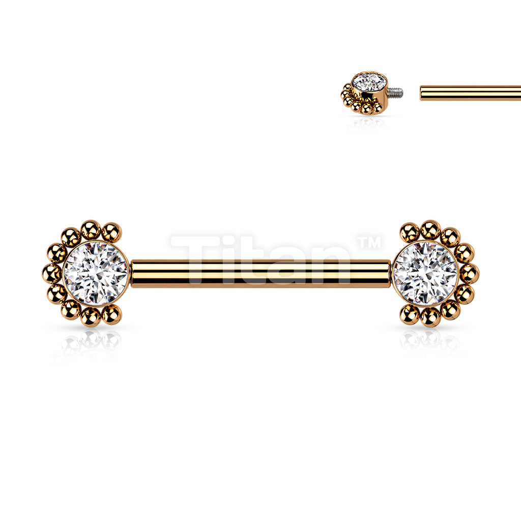 Implant Grade Titanium Internally Threaded Nipple Barbell With Bezel Set CZ Center and Beaded Edge Ends - Image 8