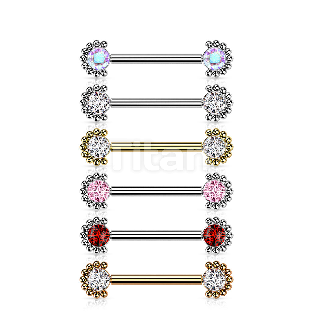 Implant Grade Titanium Internally Threaded Nipple Barbell With Bezel Set CZ Center and Beaded Edge Ends - Image 10