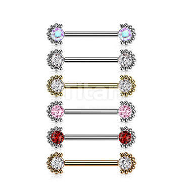 Implant Grade Titanium Internally Threaded Nipple Barbell With Bezel Set CZ Center and Beaded Edge Ends - Image 10