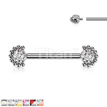 Implant Grade Titanium Internally Threaded Nipple Barbell With Bezel Set CZ Center and Beaded Edge Ends - Image 2