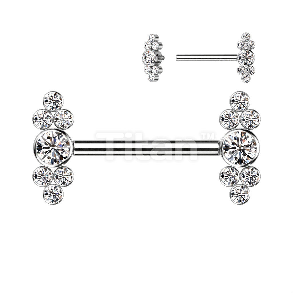 Implant Grade Titanium Internally Threaded Nipple Barbell With Bezel Set CZ Center and Trinity CZ Clusters - Image 2