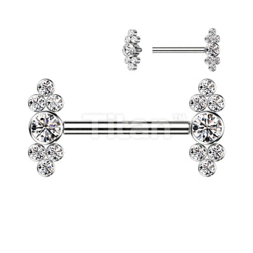 Implant Grade Titanium Internally Threaded Nipple Barbell With Bezel Set CZ Center and Trinity CZ Clusters - Image 2