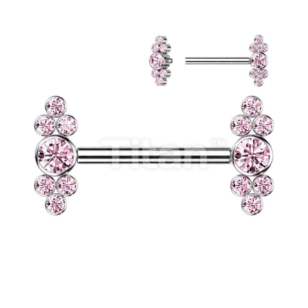 Implant Grade Titanium Internally Threaded Nipple Barbell With Bezel Set CZ Center and Trinity CZ Clusters - Image 3