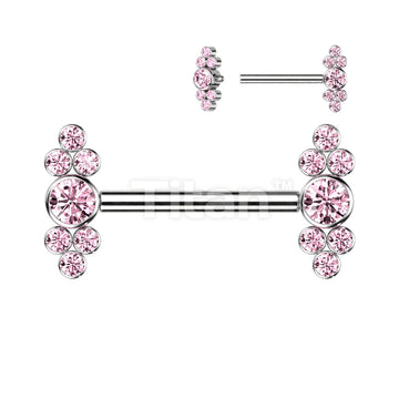 Implant Grade Titanium Internally Threaded Nipple Barbell With Bezel Set CZ Center and Trinity CZ Clusters - Image 3