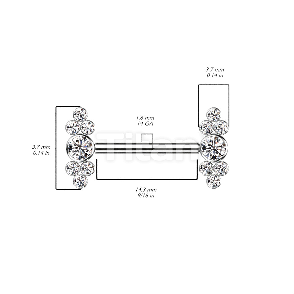 Implant Grade Titanium Internally Threaded Nipple Barbell With Bezel Set CZ Center and Trinity CZ Clusters - Image 5