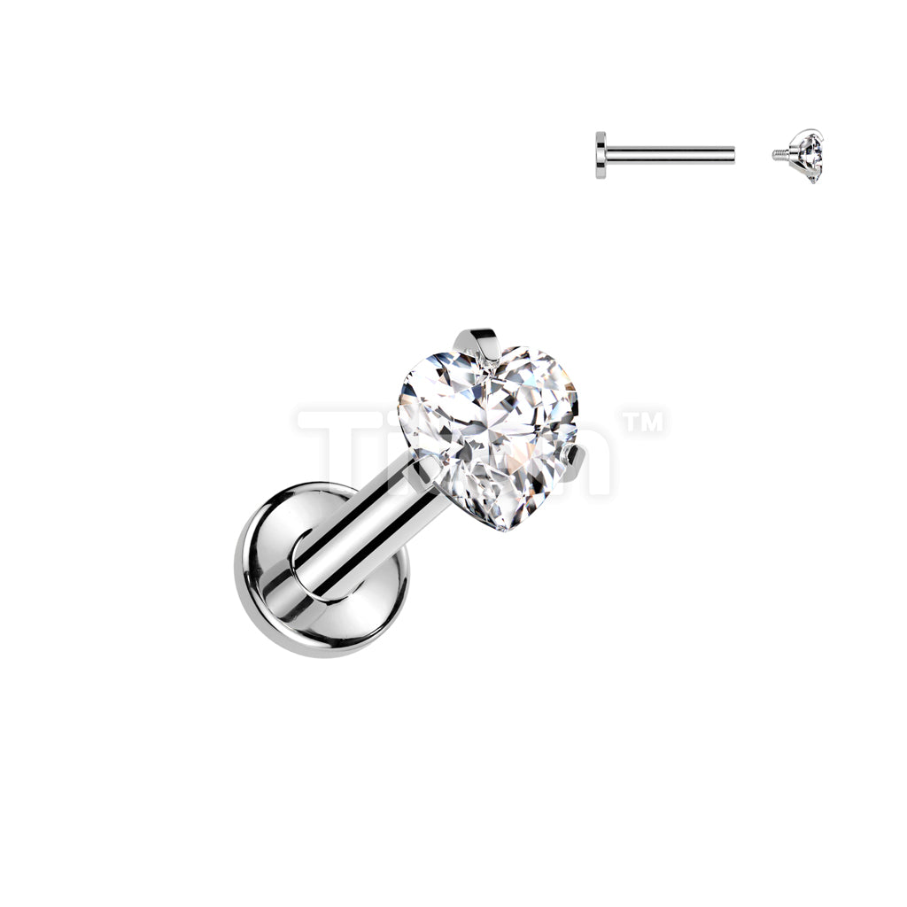 Implant Grade Titanium Internally Threaded Labret With Prong Set Heart CZ Top - Image 2