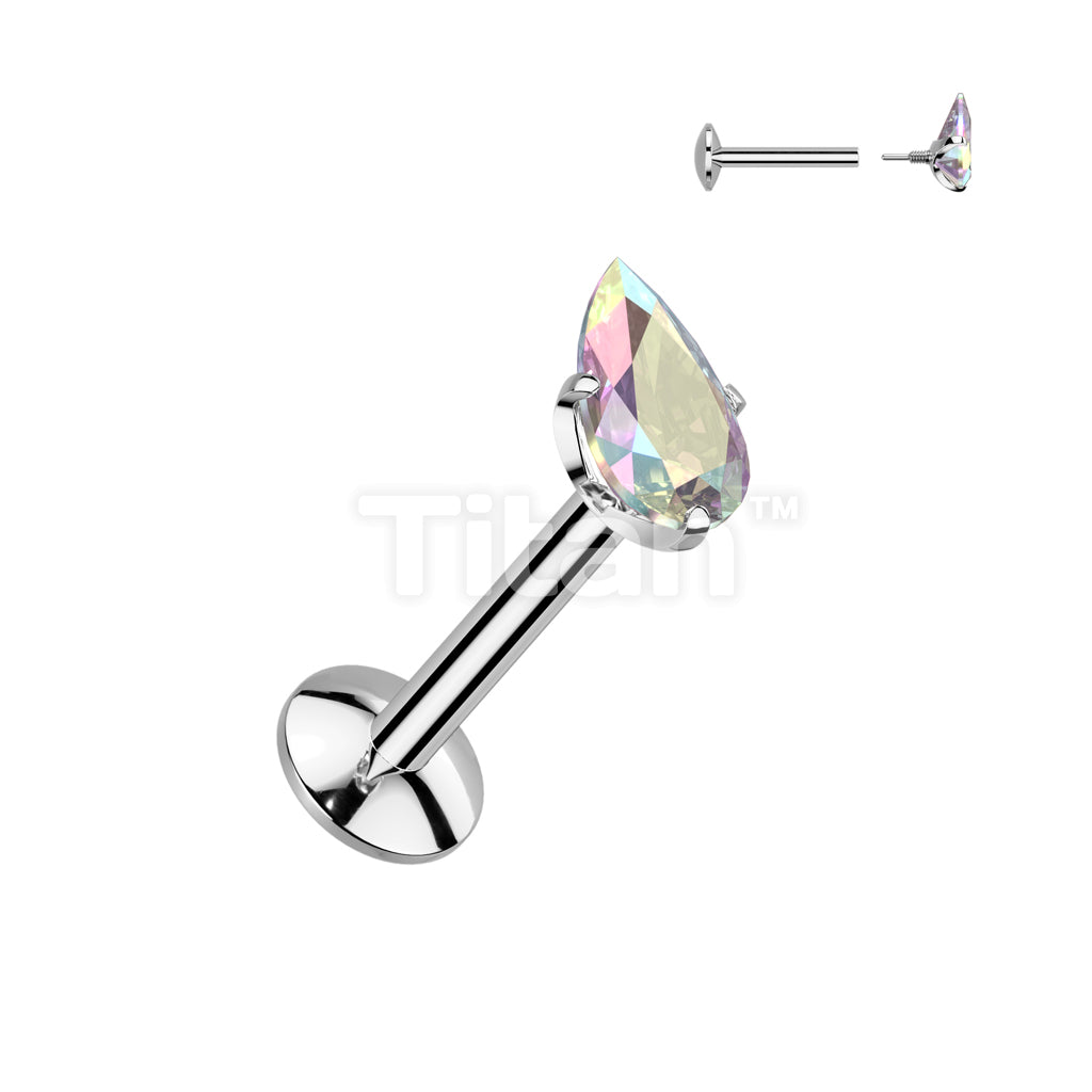 Implant Grade Titanium Internally Threaded Labret, 4mm Convex Base With Prong Set Teardrop CZ Extended Thread Top - Image 2