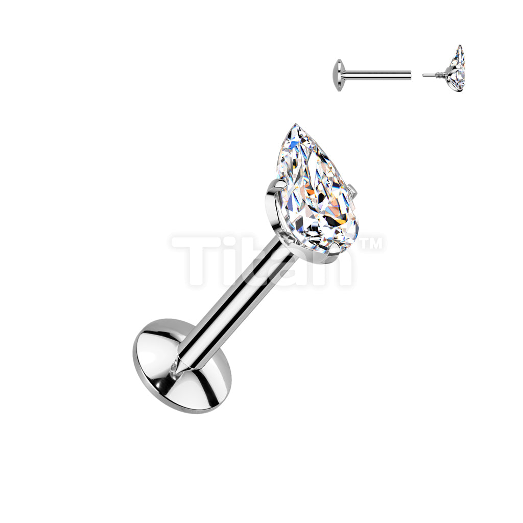 Implant Grade Titanium Internally Threaded Labret, 4mm Convex Base With Prong Set Teardrop CZ Extended Thread Top - Image 3