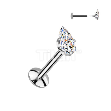 Implant Grade Titanium Internally Threaded Labret, 4mm Convex Base With Prong Set Teardrop CZ Extended Thread Top - Image 3