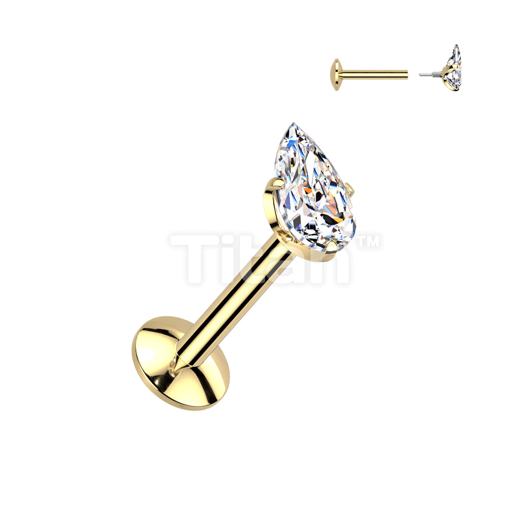 Implant Grade Titanium Internally Threaded Labret, 4mm Convex Base With Prong Set Teardrop CZ Extended Thread Top - Image 4