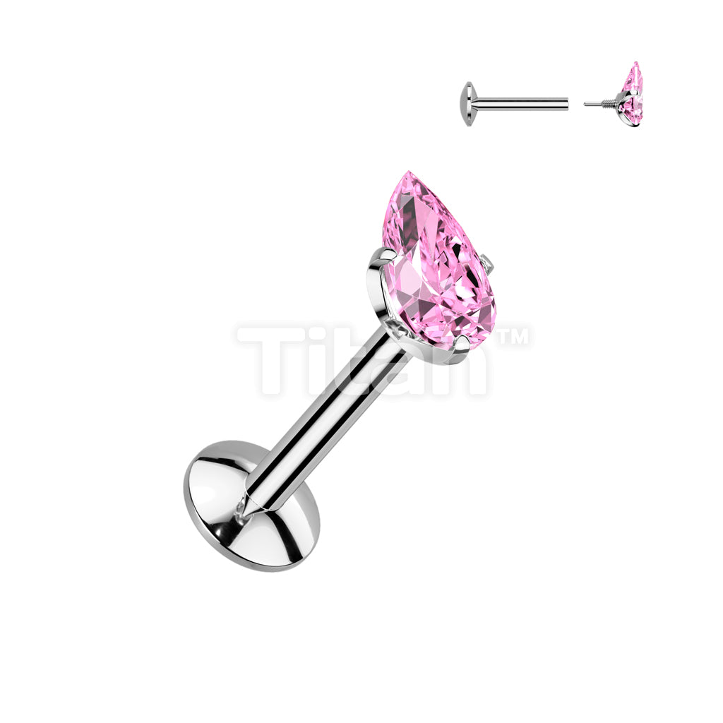 Implant Grade Titanium Internally Threaded Labret, 4mm Convex Base With Prong Set Teardrop CZ Extended Thread Top - Image 5