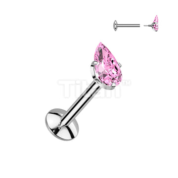 Implant Grade Titanium Internally Threaded Labret, 4mm Convex Base With Prong Set Teardrop CZ Extended Thread Top - Image 5