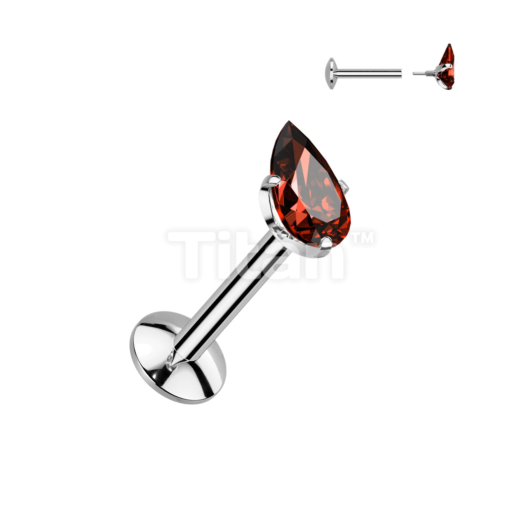 Implant Grade Titanium Internally Threaded Labret, 4mm Convex Base With Prong Set Teardrop CZ Extended Thread Top - Image 7