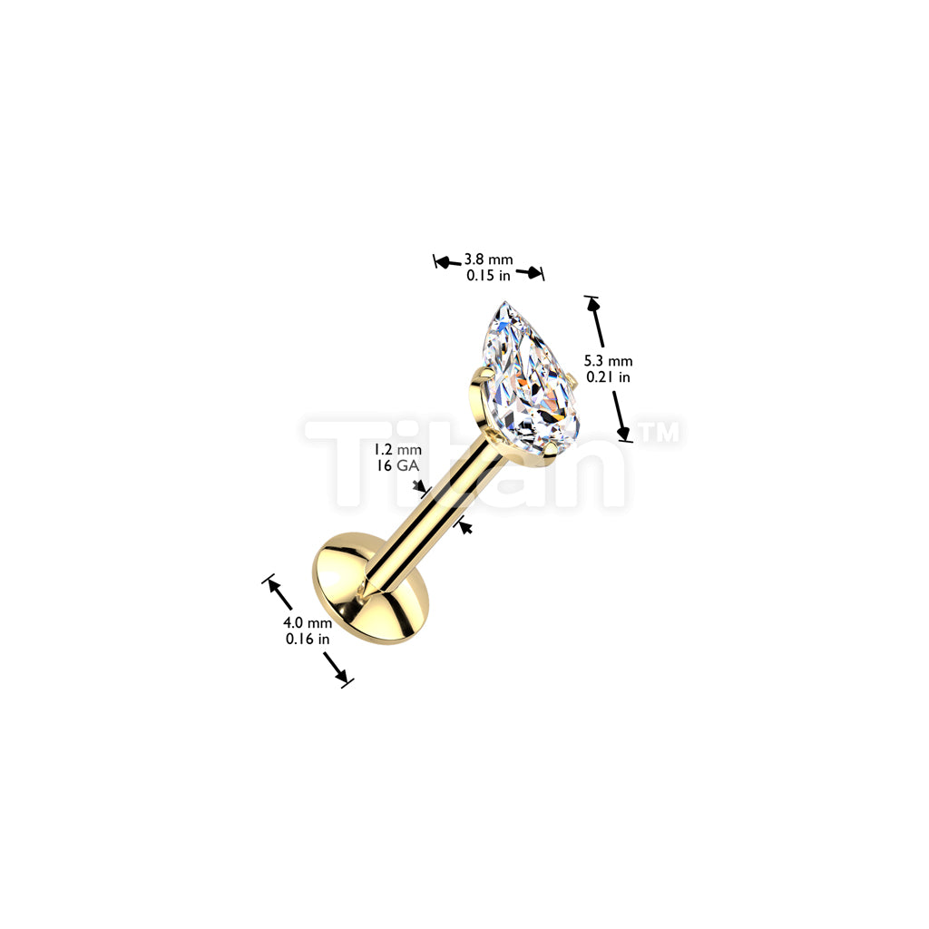 Implant Grade Titanium Internally Threaded Labret, 4mm Convex Base With Prong Set Teardrop CZ Extended Thread Top - Image 8