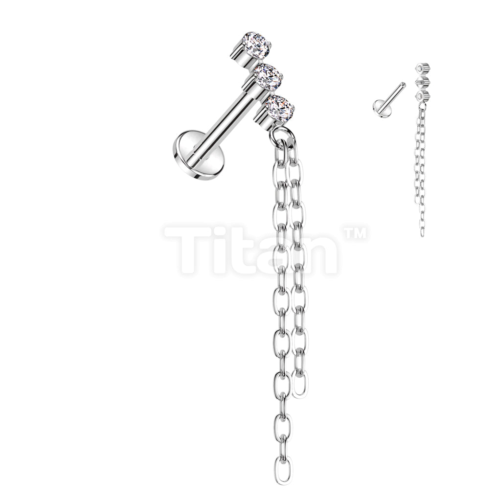 Implant Grade Titanium Internally Threaded Labret With 3 CZ and Double Chain Dangle Top - Image 2