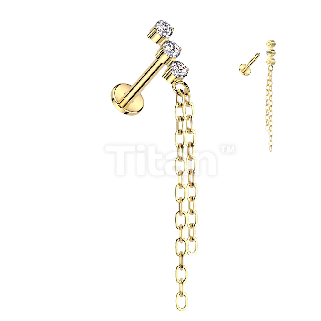 Implant Grade Titanium Internally Threaded Labret With 3 CZ and Double Chain Dangle Top - Image 3