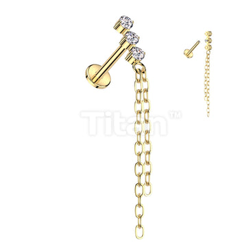 Implant Grade Titanium Internally Threaded Labret With 3 CZ and Double Chain Dangle Top - Image 3