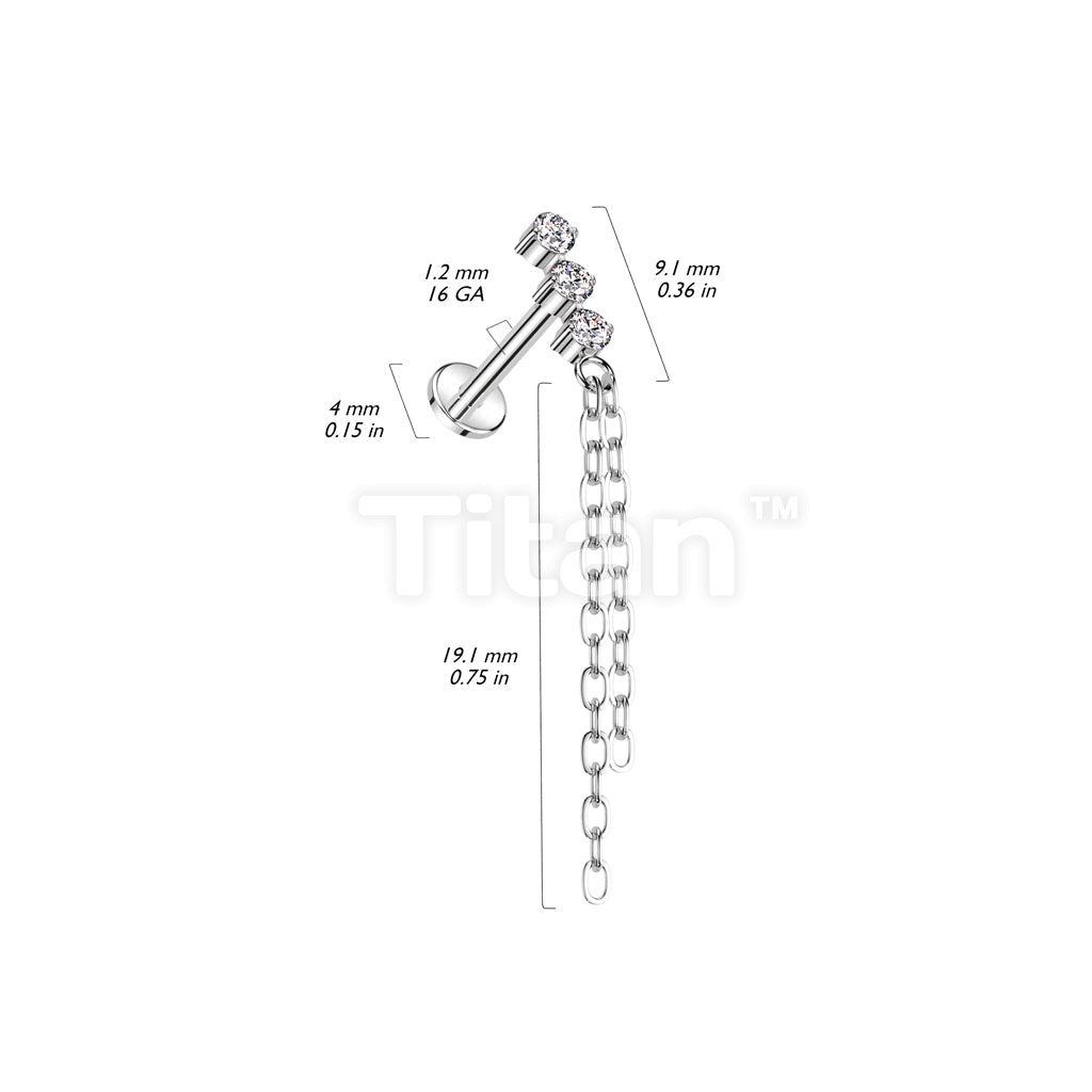 Implant Grade Titanium Internally Threaded Labret With 3 CZ and Double Chain Dangle Top - Image 4