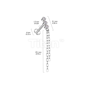 Implant Grade Titanium Internally Threaded Labret With 3 CZ and Double Chain Dangle Top - Image 4
