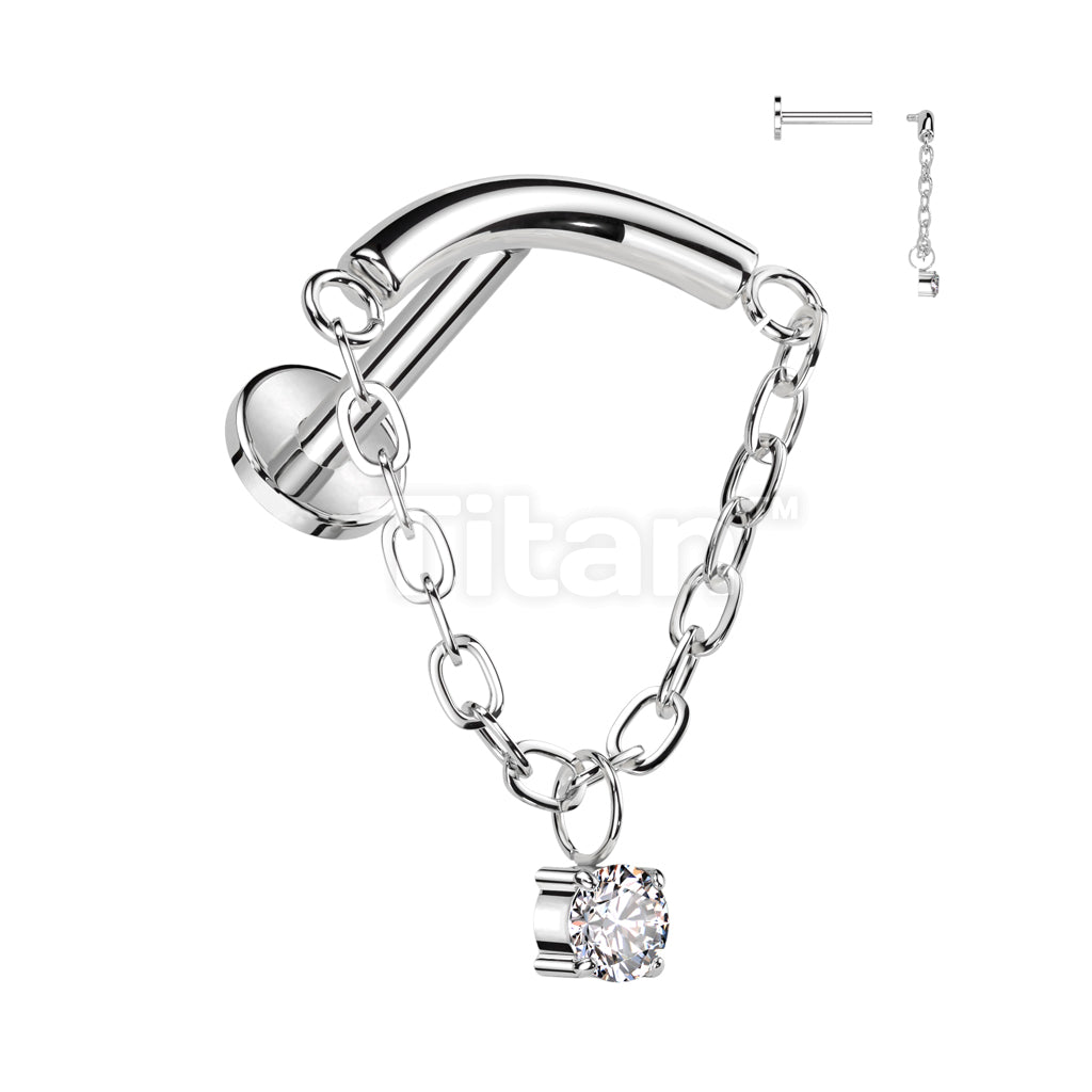 Implant Grade Titanium Internally Threaded Labret With Chain Linked Curved Bar and CZ Dangle Top - Image 3