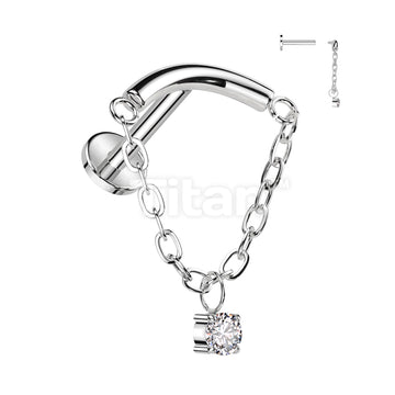 Implant Grade Titanium Internally Threaded Labret With Chain Linked Curved Bar and CZ Dangle Top - Image 3
