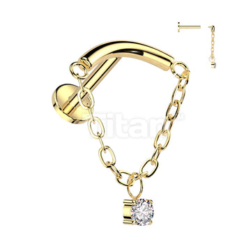 Implant Grade Titanium Internally Threaded Labret With Chain Linked Curved Bar and CZ Dangle Top - Image 2