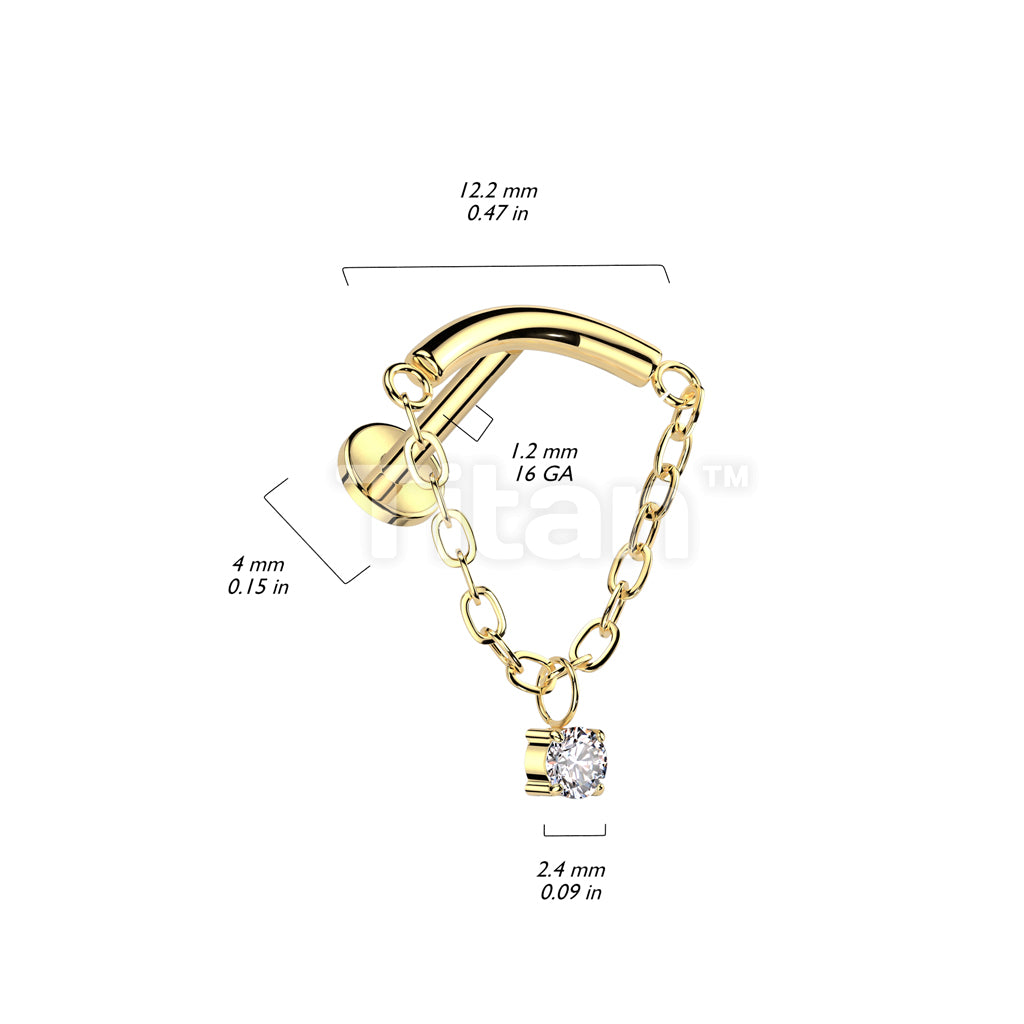 Implant Grade Titanium Internally Threaded Labret With Chain Linked Curved Bar and CZ Dangle Top - Image 4