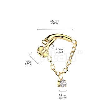 Implant Grade Titanium Internally Threaded Labret With Chain Linked Curved Bar and CZ Dangle Top - Image 4