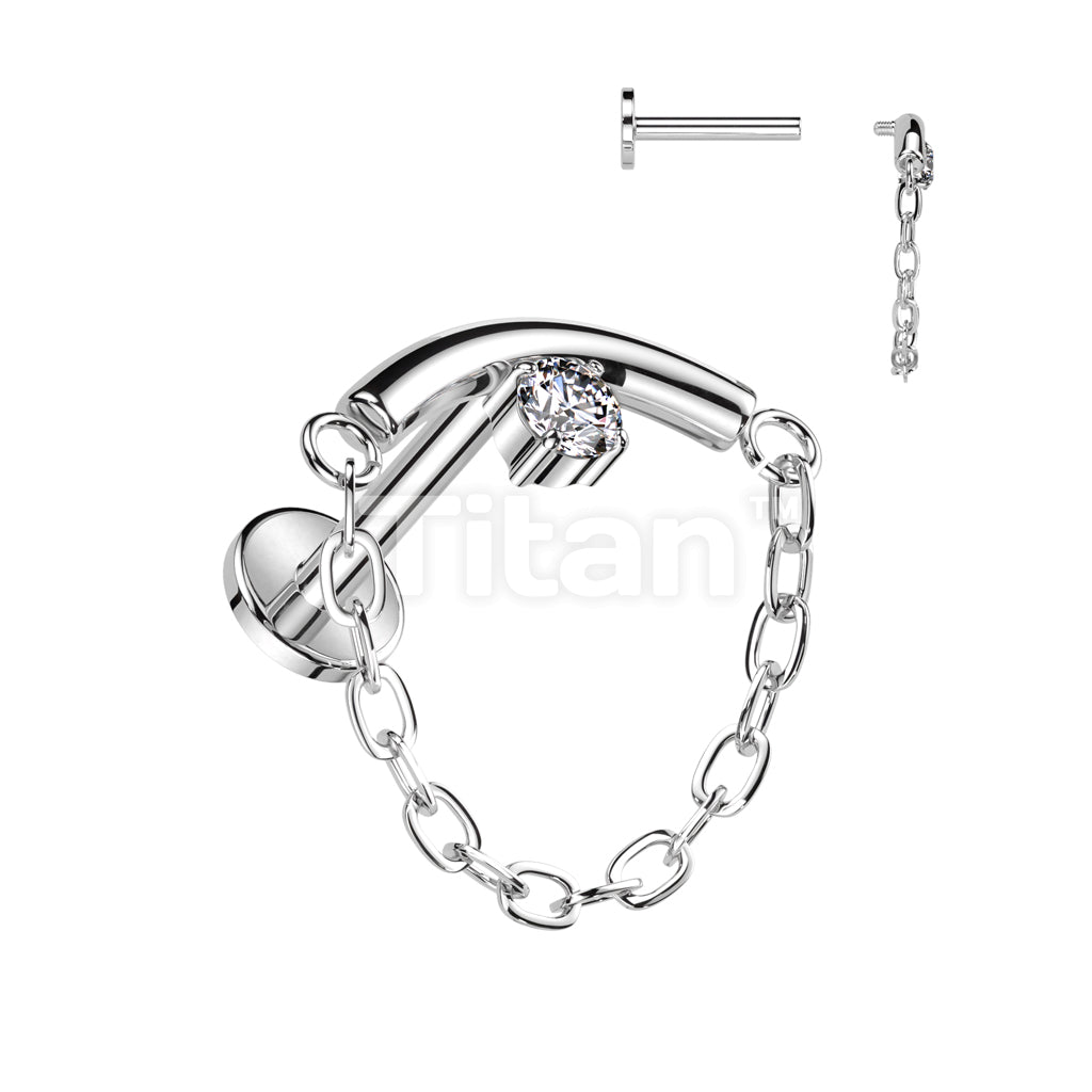 Implant Grade Titanium Internally Threaded Labret With Chain Linked Curved Bar With Prong Set CZ  - Image 2