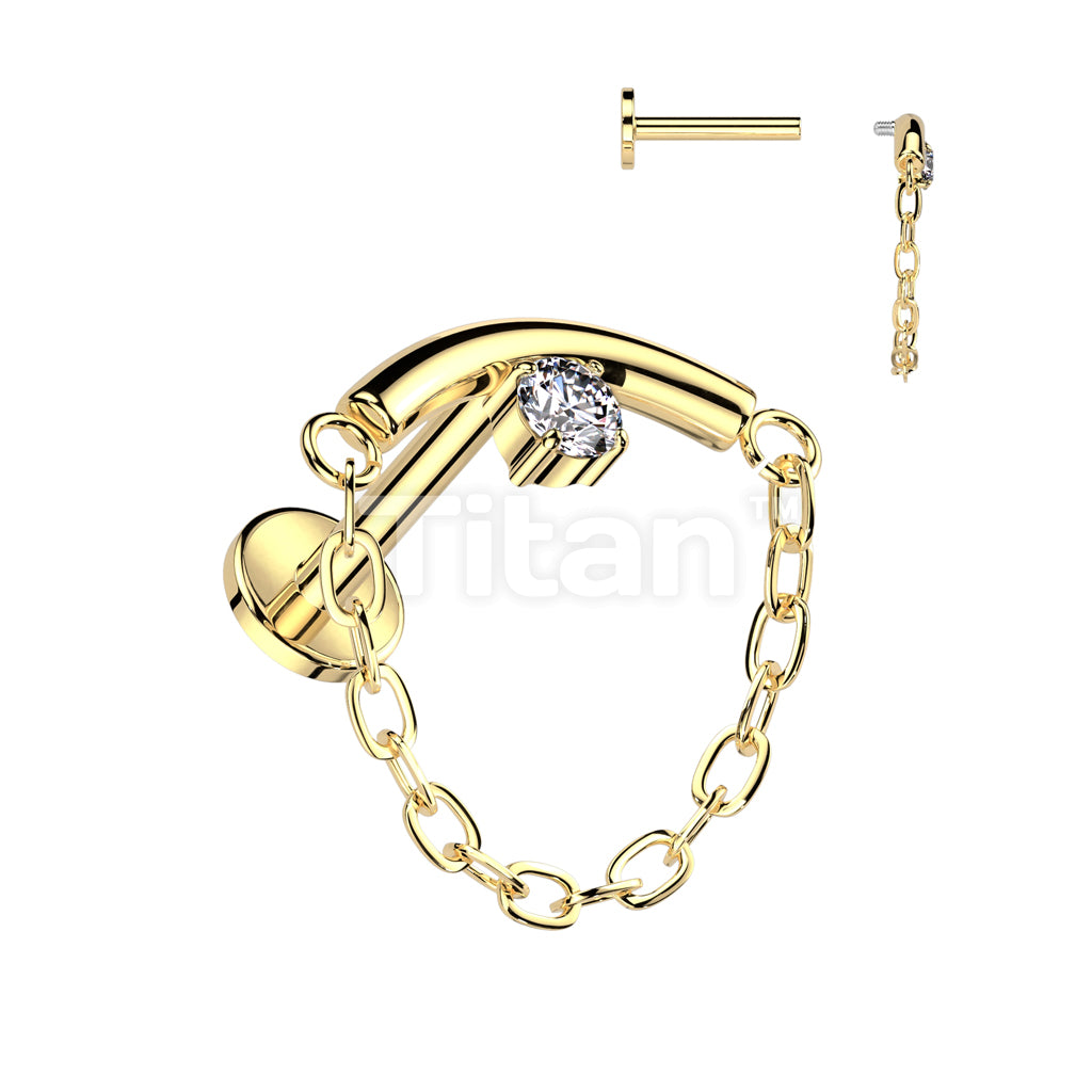 Implant Grade Titanium Internally Threaded Labret With Chain Linked Curved Bar With Prong Set CZ  - Image 3