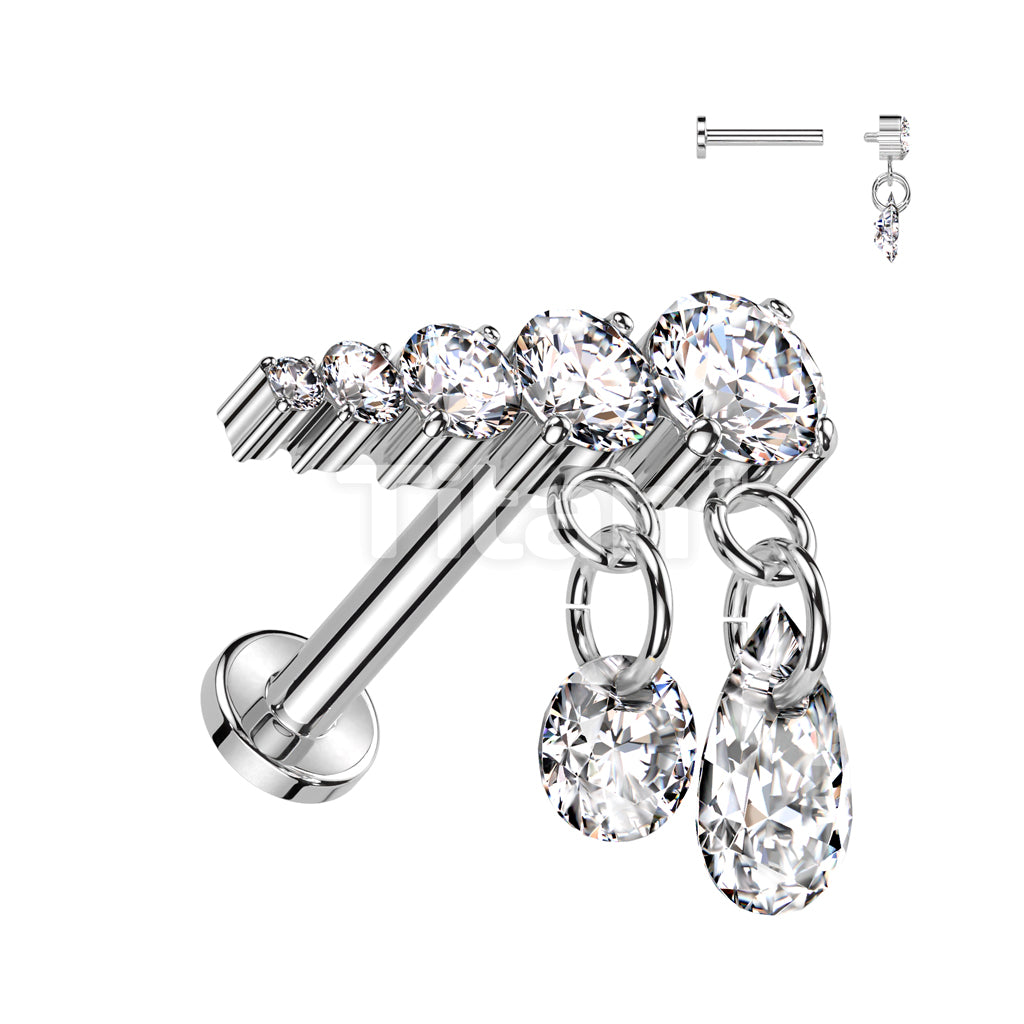 Implant Grade Titanium Internally Threaded Labret With Prong Set Descending 5 CZ Line and 2 Dangling CZ Top  - Image 3