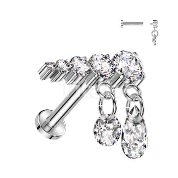 Implant Grade Titanium Internally Threaded Labret With Prong Set Descending 5 CZ Line and 2 Dangling CZ Top  - Image 3