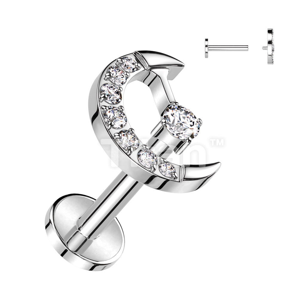 Implant Grade Titanium Internally Threaded Labret With CZ Pave Crescent Moon and CZ Center Top - Image 3
