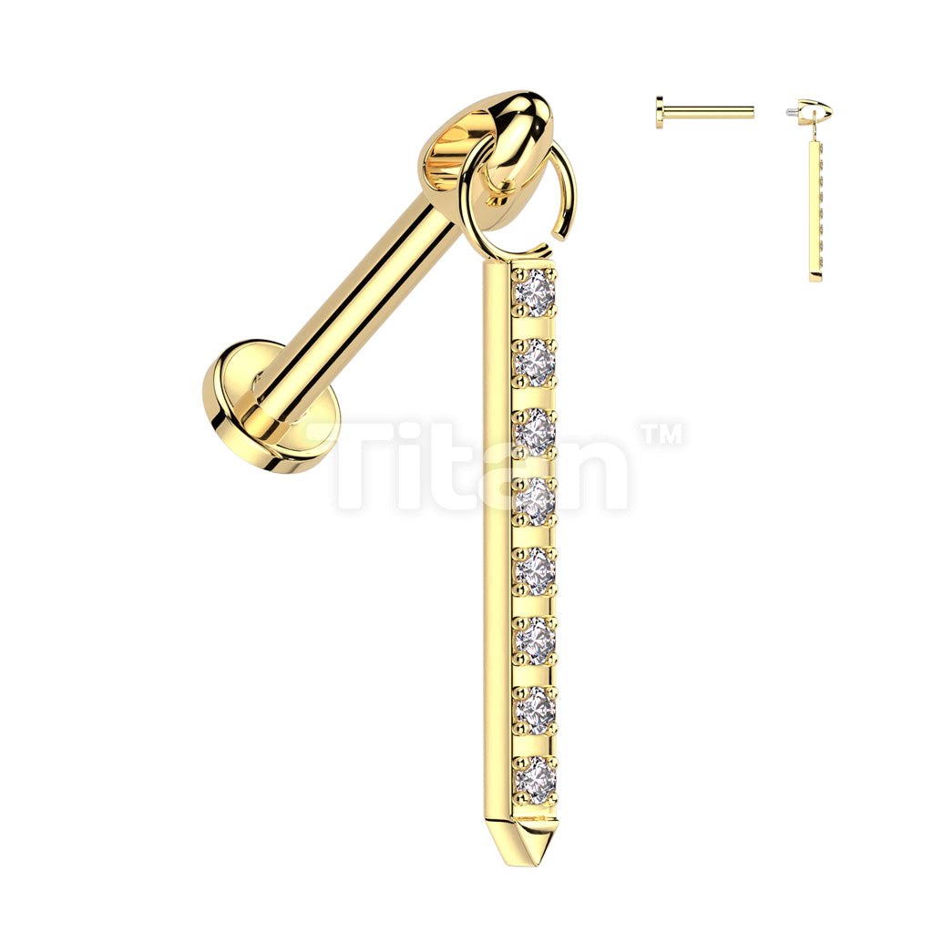 Implant Grade Titanium Internally Threaded Labret With CZ Pave Bar Dangle Top - Image 2