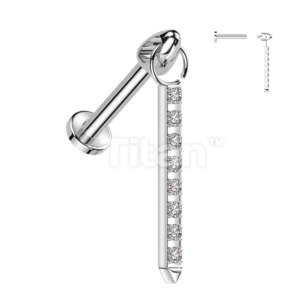 Implant Grade Titanium Internally Threaded Labret With CZ Pave Bar Dangle Top - Image 3