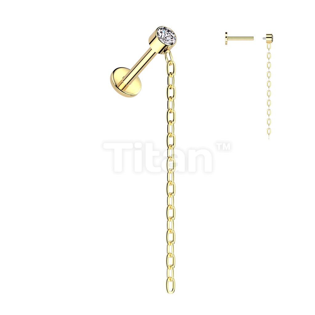 Implant Grade Titanium Internally Threaded Labret With Round Bezel Set CZ and Chain Dangle Top - Image 2