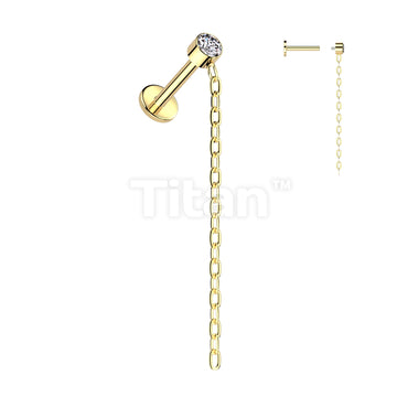 Implant Grade Titanium Internally Threaded Labret With Round Bezel Set CZ and Chain Dangle Top - Image 2