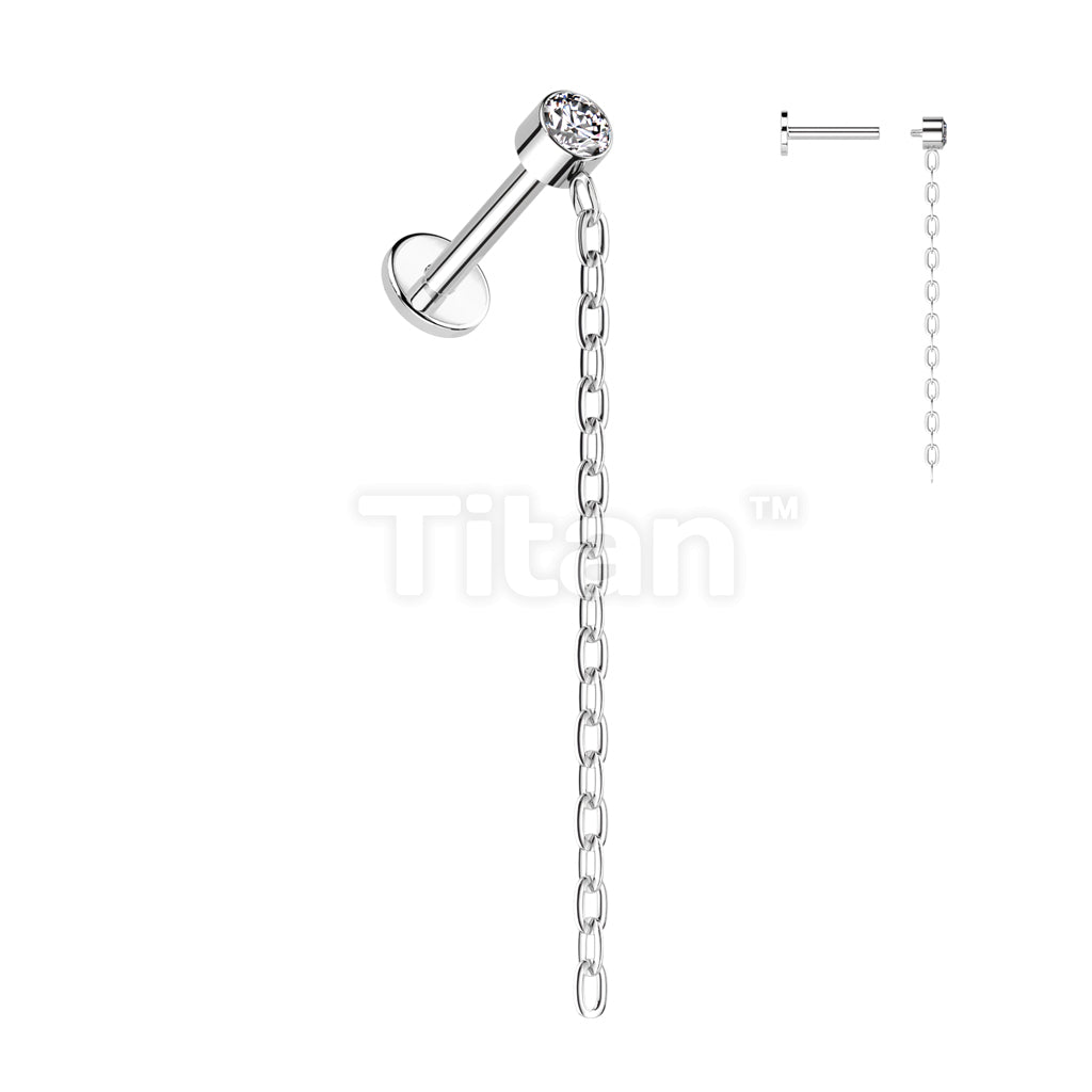 Implant Grade Titanium Internally Threaded Labret With Round Bezel Set CZ and Chain Dangle Top - Image 3