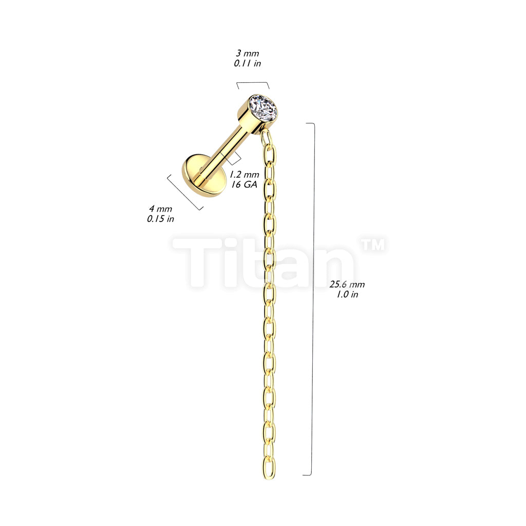 Implant Grade Titanium Internally Threaded Labret With Round Bezel Set CZ and Chain Dangle Top - Image 4