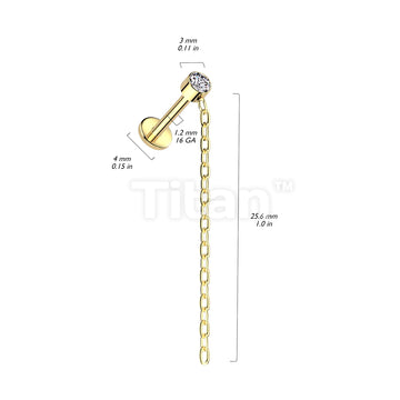 Implant Grade Titanium Internally Threaded Labret With Round Bezel Set CZ and Chain Dangle Top - Image 4