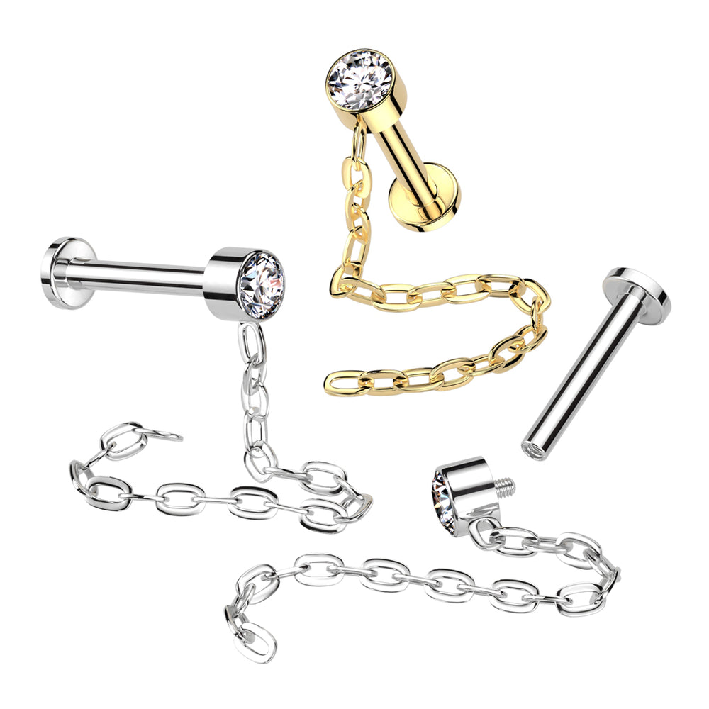 Implant Grade Titanium Internally Threaded Labret With Round Bezel Set CZ and Chain Dangle Top
