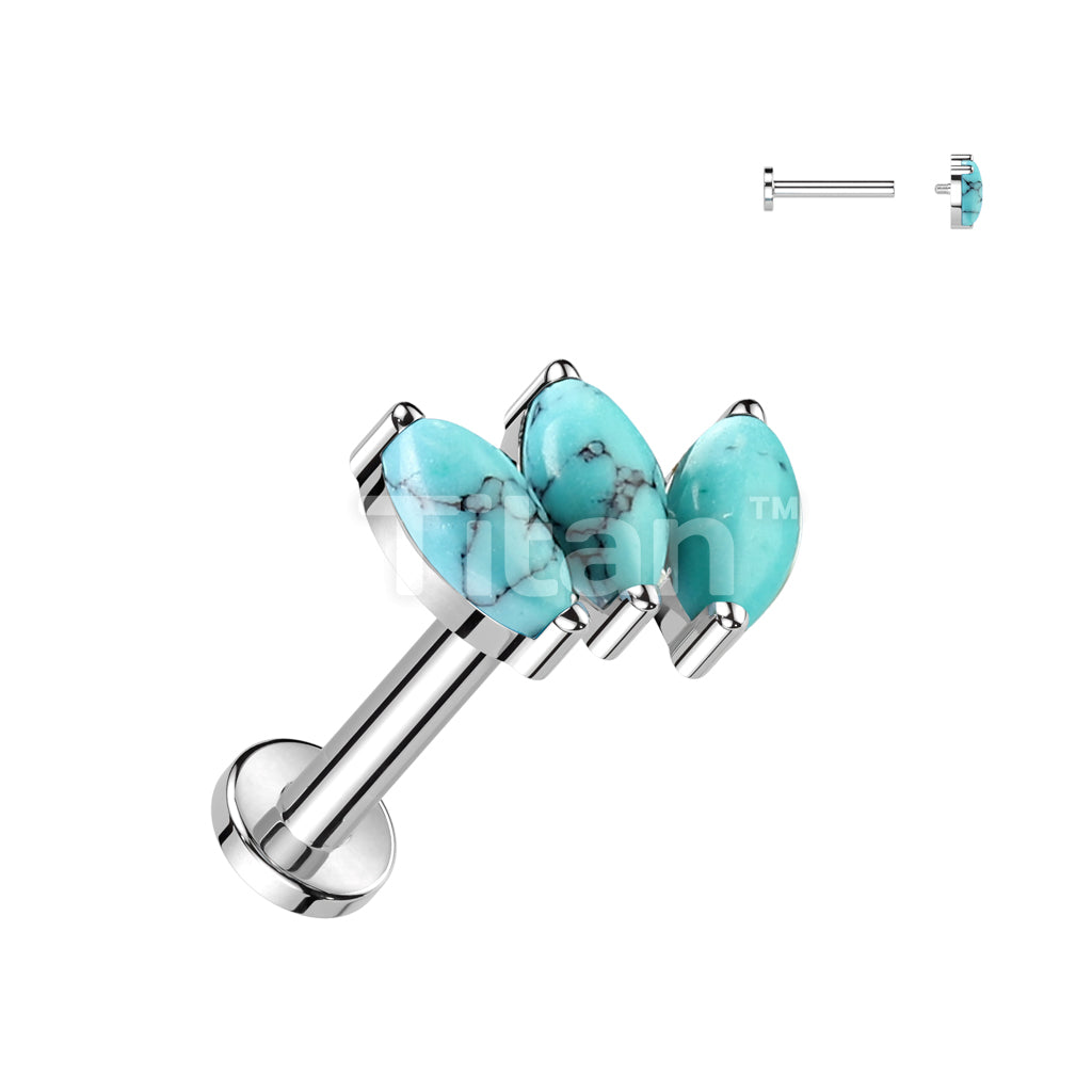 Implant Grade Titanium Internally Threaded Labret With Triple Marquise Natural Stone Top - Image 4